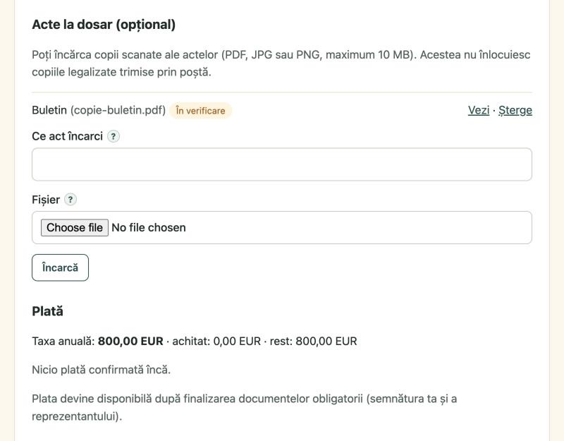 Secțiunea Acte la dosar