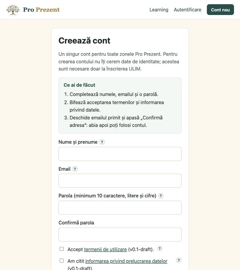 Formularul de creare a contului