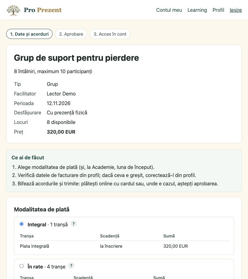 Înscrierea la un grup, cu modalitatea de plată