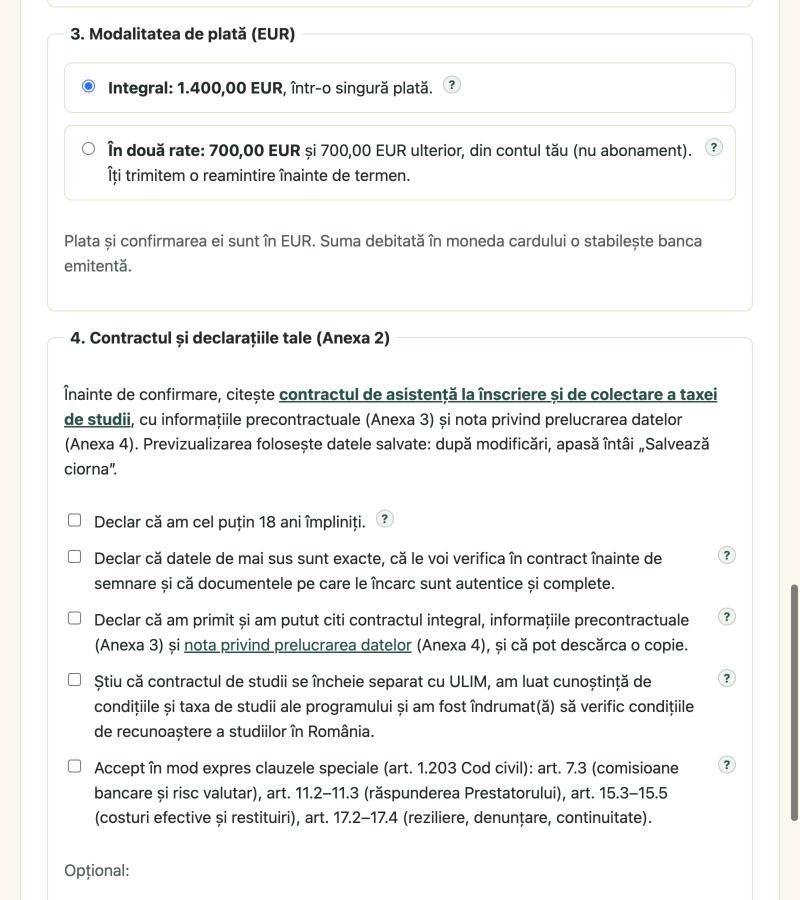Modalitatea de plată și declarațiile