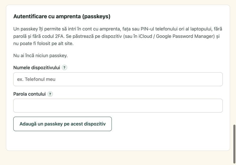 Adăugarea unui passkey din profil