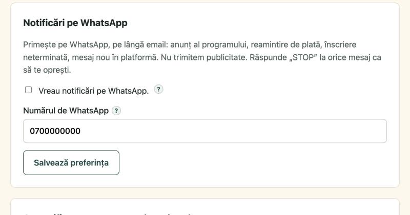 Acordul pentru notificări pe WhatsApp