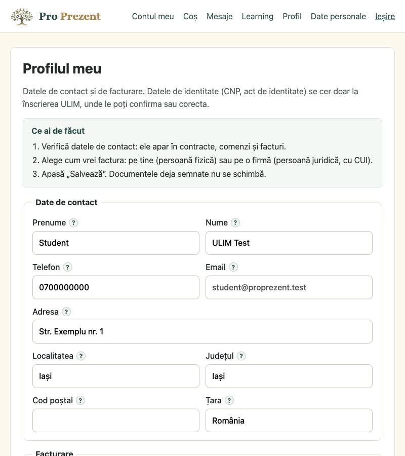 Profilul cu datele de contact