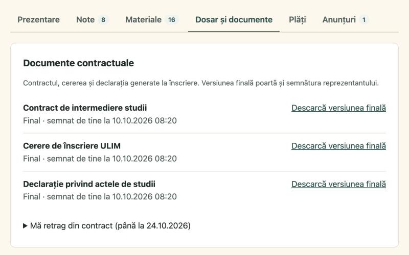 Documentele contractuale și linkul de retragere