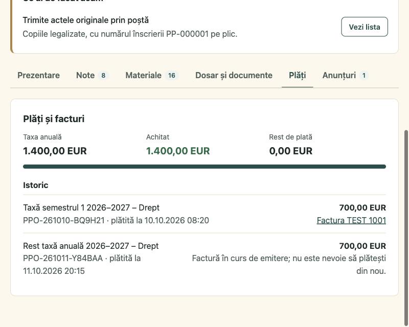 Tab-ul Plăți cu istoricul și facturile