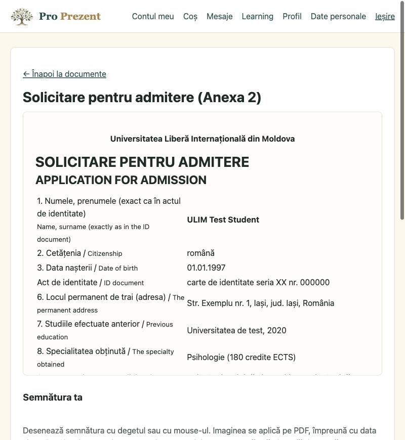 Documentul afișat pentru citire